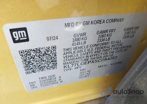 2025 Chevrolet Trax Fwd 1Rs from USA, damaged, VIN KL77LGEPXSC094083